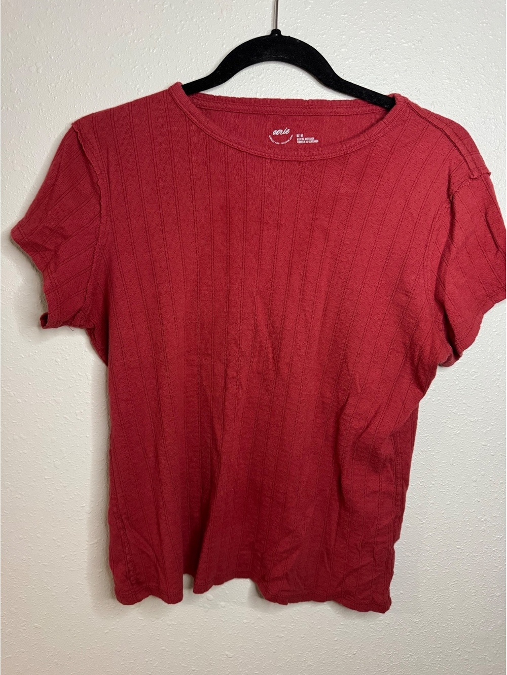 Aerie Women’s Size Medium Red Ribbed Pointelle Short Sleeve T-Shirt Tee